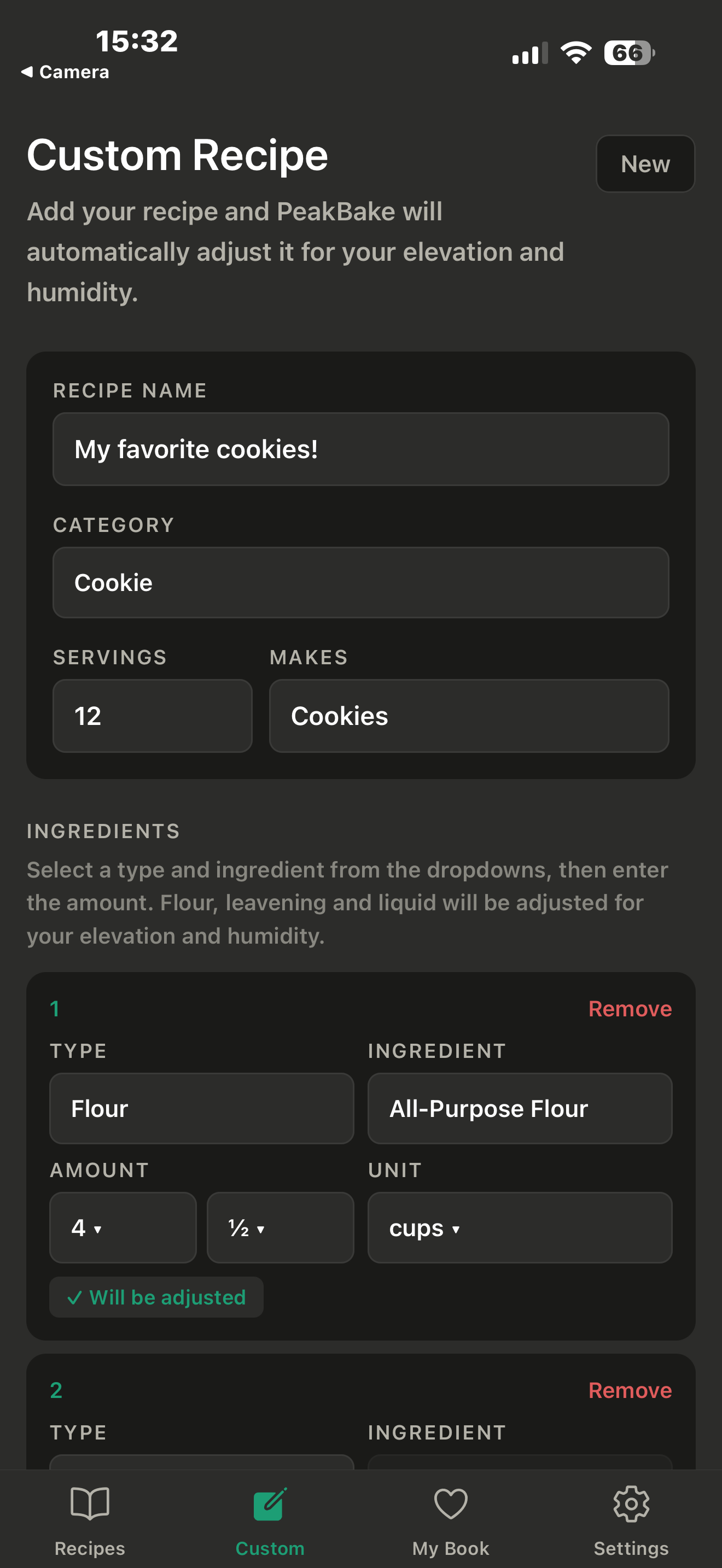 PeakBake custom recipe builder